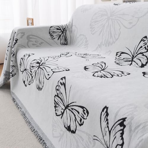 Image of HOKIPO 320 GSM Chenille Sofa Throw Blanket for 3 Seater Sofa - Printed All-Season Sofa Cover, 'Serene Abode Series' Monochrome Butterfly (180x310 cm) (AR-6633-D8)