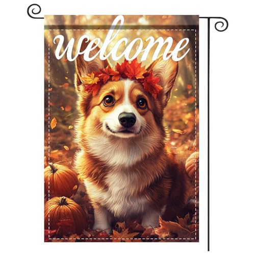 Image of Nuxovilar 12x18 inch Corgi Dog Autumn Leaf Wreath Flag | Double-sided Corgi dog and autumn leaf wreath flag for porch and yard decor.