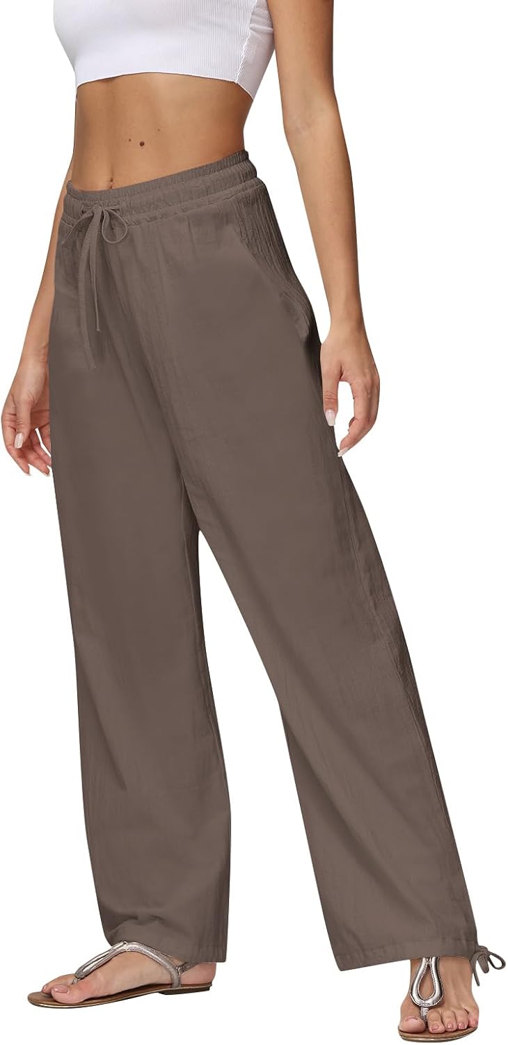 Wide Leg Linen Pants for Women Drawstring High Waisted Loose Beach Pants Summer Casual Work Pants Trouser with Pocket