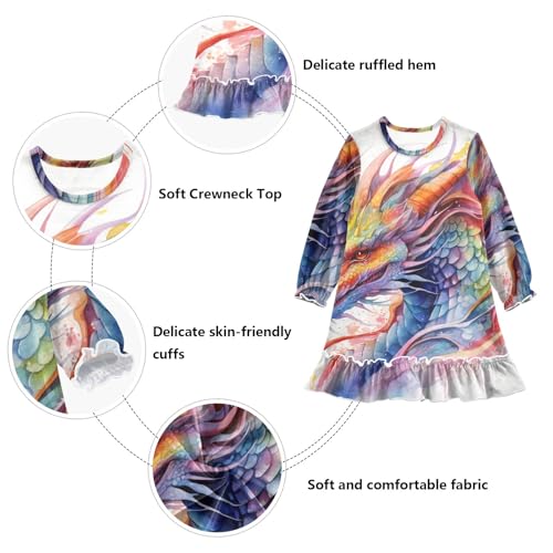 Watercolor Fire Rainbow Dragon Girls Long Sleeves Dress, Winter Dresses Nightgowns Casual Swing Dress3