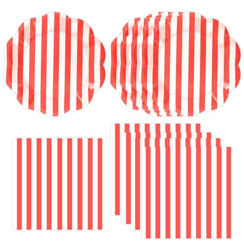 50PCS Red Striped Paper Plates and Napkins Party Supplies, Red and White Scalloped Party Plates and Napkins Tableware Set for Birthday Bridal & Baby Shower Wedding Party Decoration (Red)