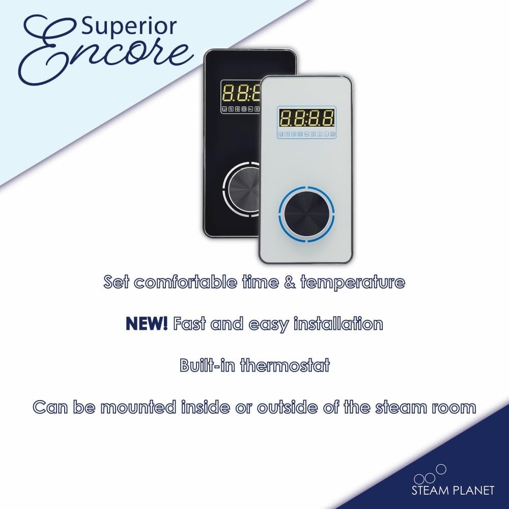Superior Encore 6 kW Steam Shower Generator Kit with Vertical White Keypad & Set of 6 Aromatherapy Oils |Self-Draining Steam Bath Generator|One-click Connection Cord|