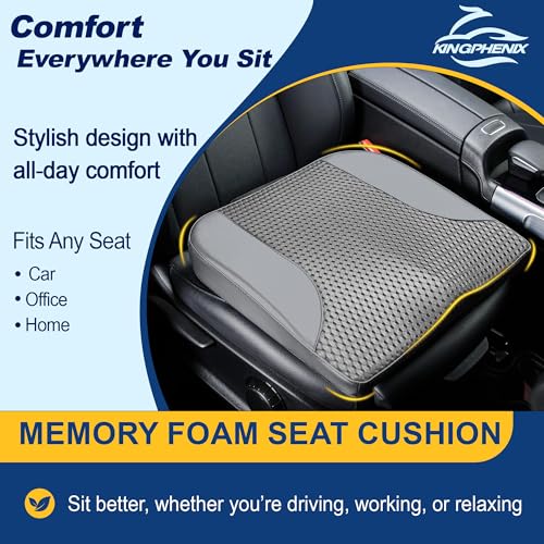 Image of kingphenix Car Seat Cushion - Memory Foam Pad for Driving Comfort - Boosts Height and Relieves Coccyx & Lower Back Pain - Car, Truck, Office Chair (Leather & 4D Mesh Gray)