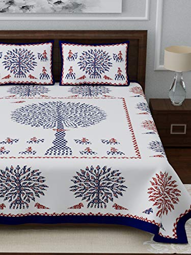 Image of LIVING ROOTS Jaipuri Hand Block Print King Cotton Bedsheet 86 * 104 inches (7 * 8.5 feet) with 2 Pillow Cover | 210 TC | Rich Fast Colour with No Colour Bleeding | (038-A)