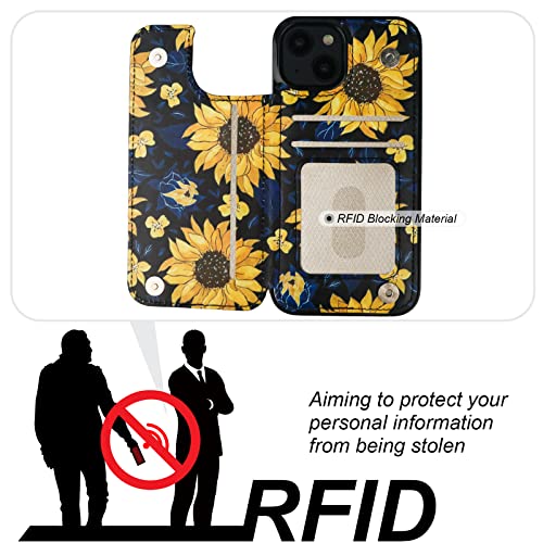 Image of HAOPINSH for iPhone 13 Case Wallet with Card Holder, Blooming Sunflowers Pattern Back Flip Folio PU Leather Kickstand Card Slots Case for Women Girls, Double Magnetic Clasp Shockproof Cover 6.1 inch