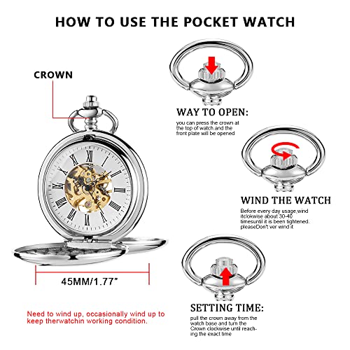 Whodoit Mens Silver Double Open Pocket Watch Hunter Mechanical Pocket Watches Engraved Roman Numeral Dial Mechanical Pocket Watch For Men #TOP6