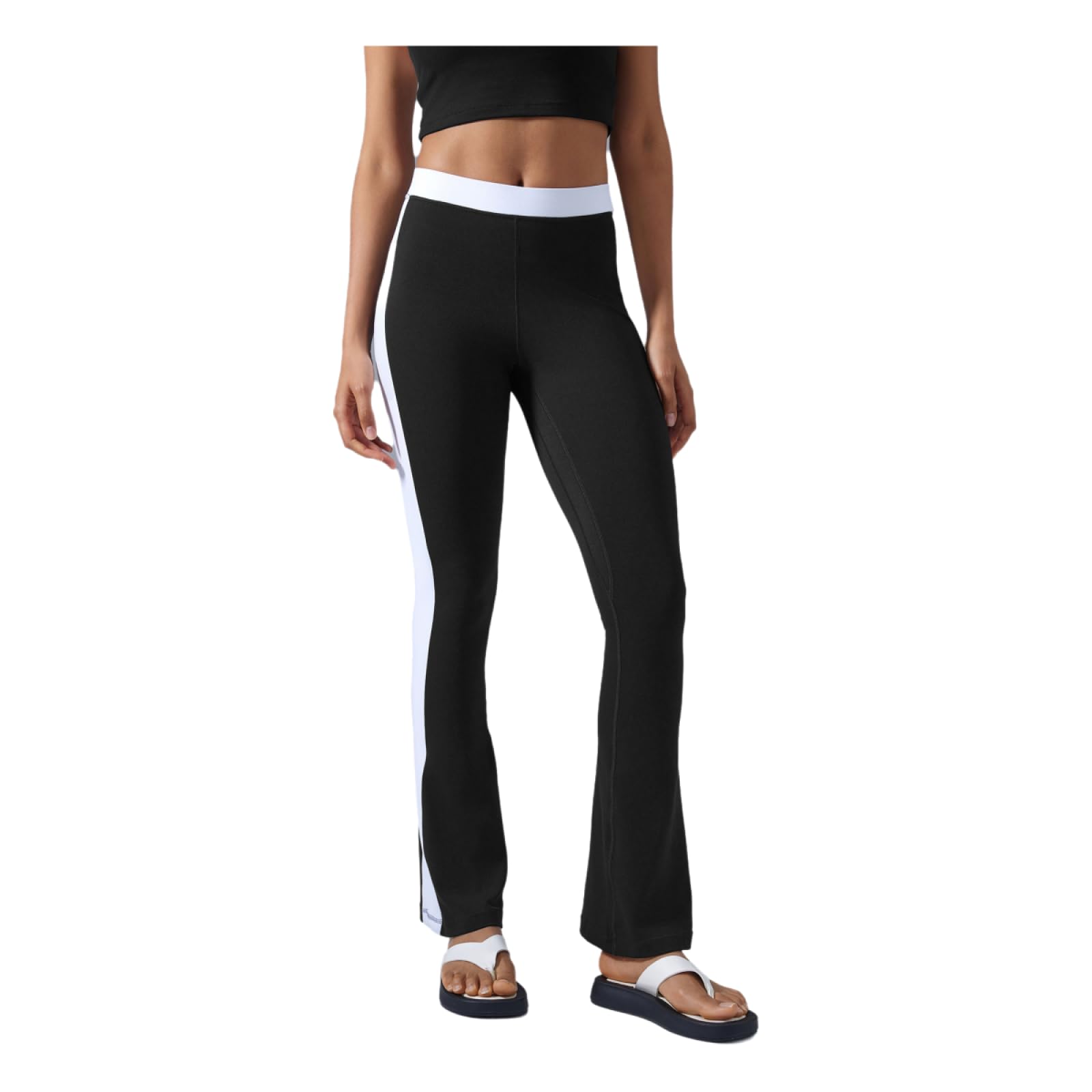 Generisch Bootcut Jazzpants damskie spodnie z wysokim stanem, kontrastujące kolory, spodnie do jogi, elastyczna odzież wierzchnia, spodnie biodrowe, smukłe spodnie sportowe, damskie 12, czarne