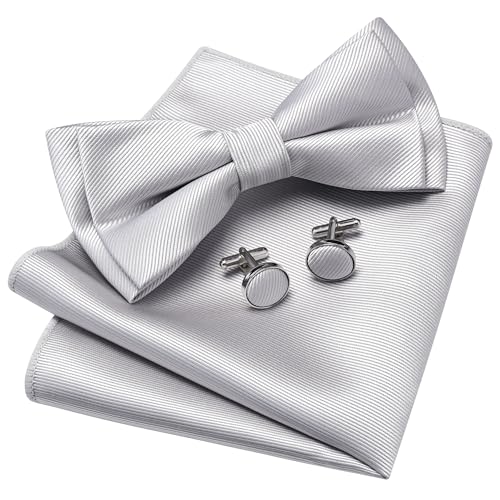 GUSLESON Silver Bow Tie Pocket Square Set for Wedding Pre-Tied Solid Bowties Handkerchief Cufflinks for Men (0577-50)