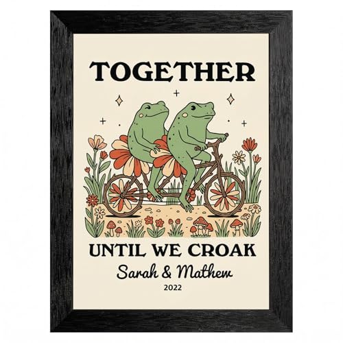 Framed Vintage Frog Tandem Bicycle Wall Art, Whimsical Storybook Illustration