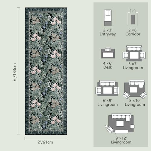 Image of Washable Runners for Hallways Area Rugs 2x6 Black Green Vintage Floral Botanical Pattern Perfect for Soft Hallway Rug Carpet for Kitchen Bedroom Bathroom Laundry Room