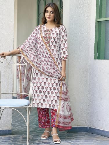 Sanisa Women's Rayon Blend Floral Printed Straight Kurta With Pant And Dupatta Set| Ethnic Set | Suit Set | Kurta Set(129Kbd1394N-S_White & Maroon & Multi)