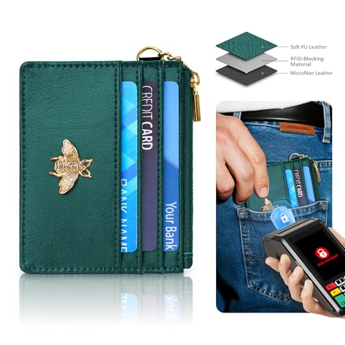 Image of SEAVILIA Card Holder Keychain Wallet for Women with ID Window RFID Coin Purse Bee Gifts Slim Minimalist Small Wallet, Green, 4.4 x 3.38 inches, Minimalist
