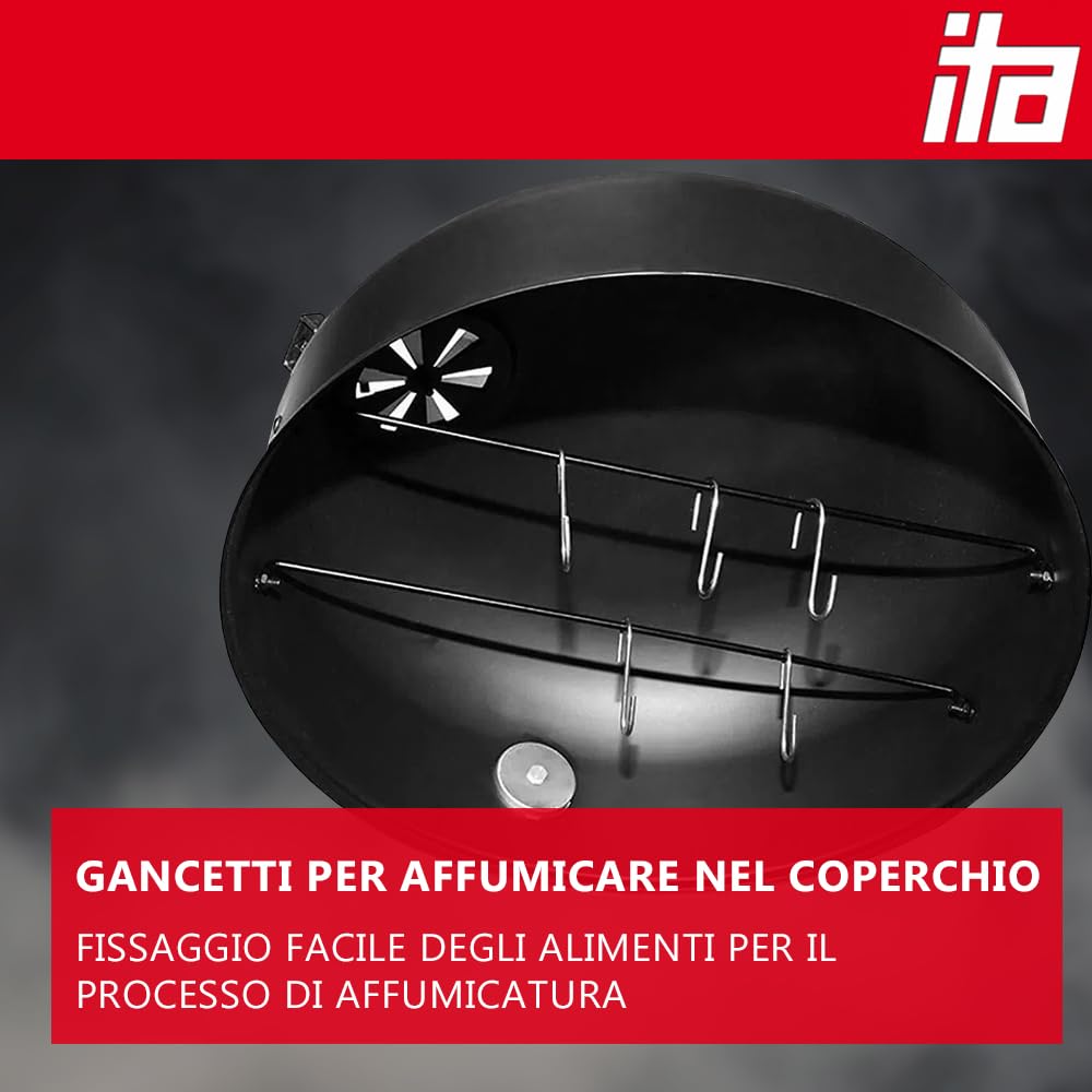 ITA Griglia Multifunzione 3 in 1 - Grigliare, Affumicare, Cuocere - Barbecue a Carbone modulare con termometro e Regolazione del Flusso d'Aria sul Coperchio - Griglia a Botte affumicatore