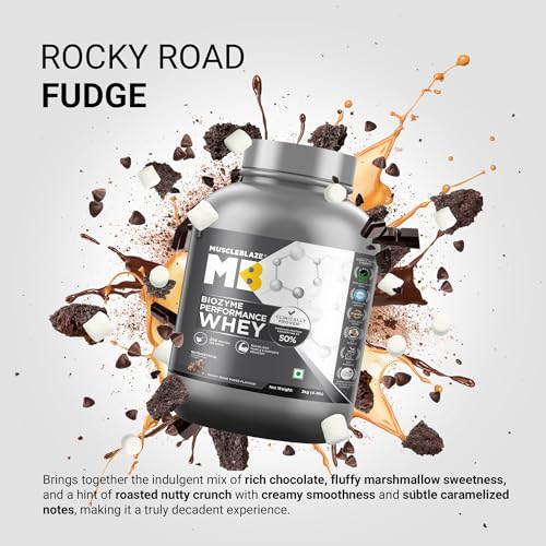 Image of MuscleBlaze Biozyme Performance Whey Protein Powder, Rocky Road Fudge (2kg / 4.4lbs) | 25g Protein Per Scoop | Clinically Tested 50% Higher Protein Absorption