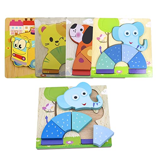 Image of WISHKEY Set of Jigsaw Wooden Animal Vehicle Puzzle Early Age Matching Game Learning Educational Preschool Toy Random Design Puzzles for Toddlers & Kids (Pack of 4, Multicolor)