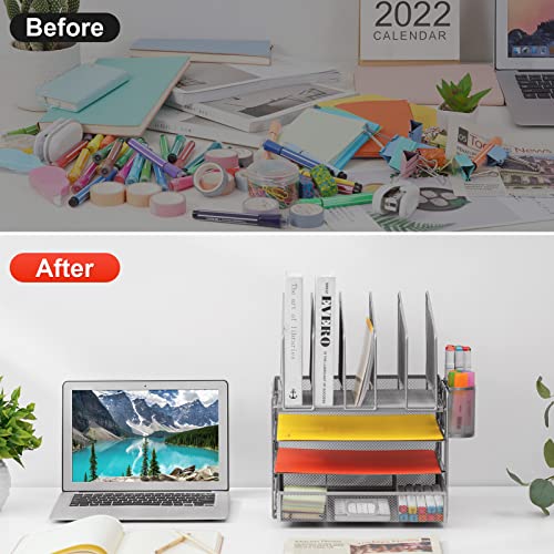 Image of Marbrasse Desk Organizers, 4-Tier Mesh Desk File Organizer with 5 Vertical File Holders and 2 Pen Holders, Multifunction Desktop Organizer,Desk Organizers and Accessories for Home Office (Silver)