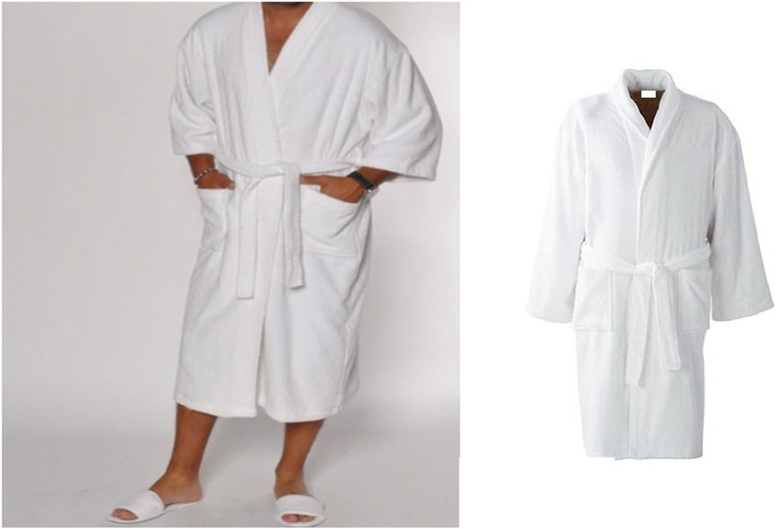 Hachete Men's 100% Cotton Bath Robe Terry Toweling Nightware Dressing Gown With Belt Unisex Standard White