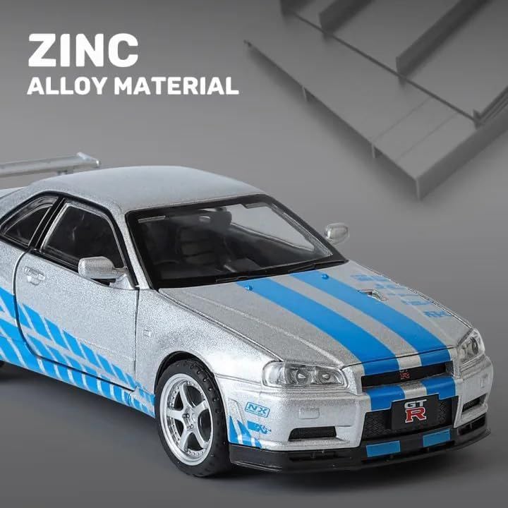 Image of 1:24 Scale Nissaan Skyline GTR-R34 Model Alloy Metal Pull Back Toy car for Kids with Openable Doors & Light, Music Toy Vehicle for Kids (1:32 Nissaan Skyline (Silver))