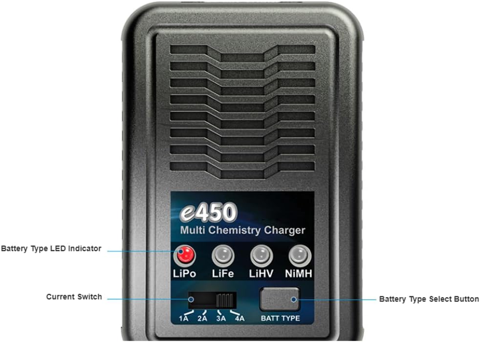 Close-up of Caruner e450 Charger controls, showing Battery Type LED Indicators, Current Switch, and Battery Type Select Button.