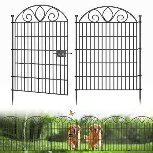 10 Panels No Dig Tall Garden Fence with Gate – 34" H X 22' L Rustproof Metal Dog Fences Outdoor for Yard, Decorative Animal Barrier Fence for Pet, Garden Border, Patio, Flower | Temporary Fencing