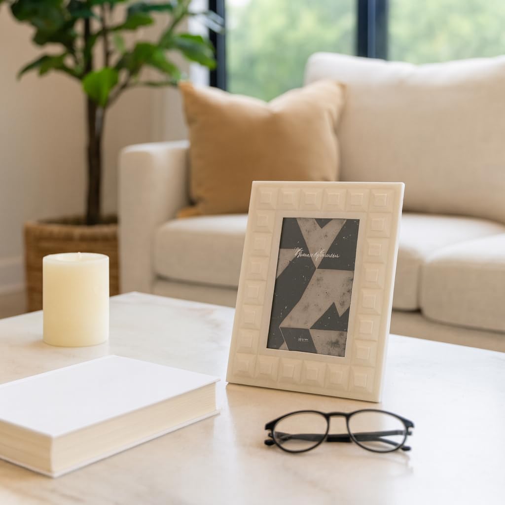 Picture Frame for Tabletop Decor - Photo Frame with Block Border Design Perfect for Travel Photos or Entryway Photo Display - Rectangular Polyresin Decorative Frame for Home and Office - 9" White