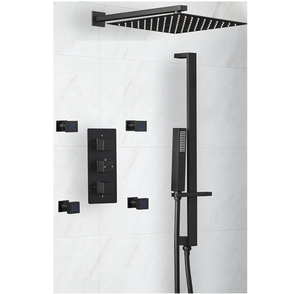 Milano Black Preto Thermostatic Mixer Valve 300Mm Square Shower Head Handset Riser Rail Body Jets