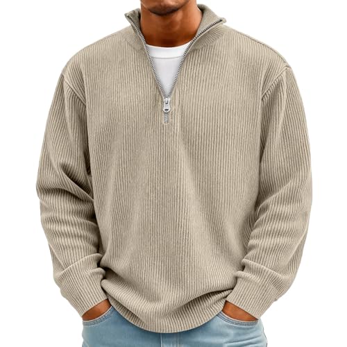 Mens Quarter Zip Pullover Corduroy Stand Collar Long Sleeve Casual Corduroy Polo Sweatshirt Lightweight Thermal Pullover Tops Half Zip Sweatshirt Winter Warm Ribbed Knit Mock Neck Sweater