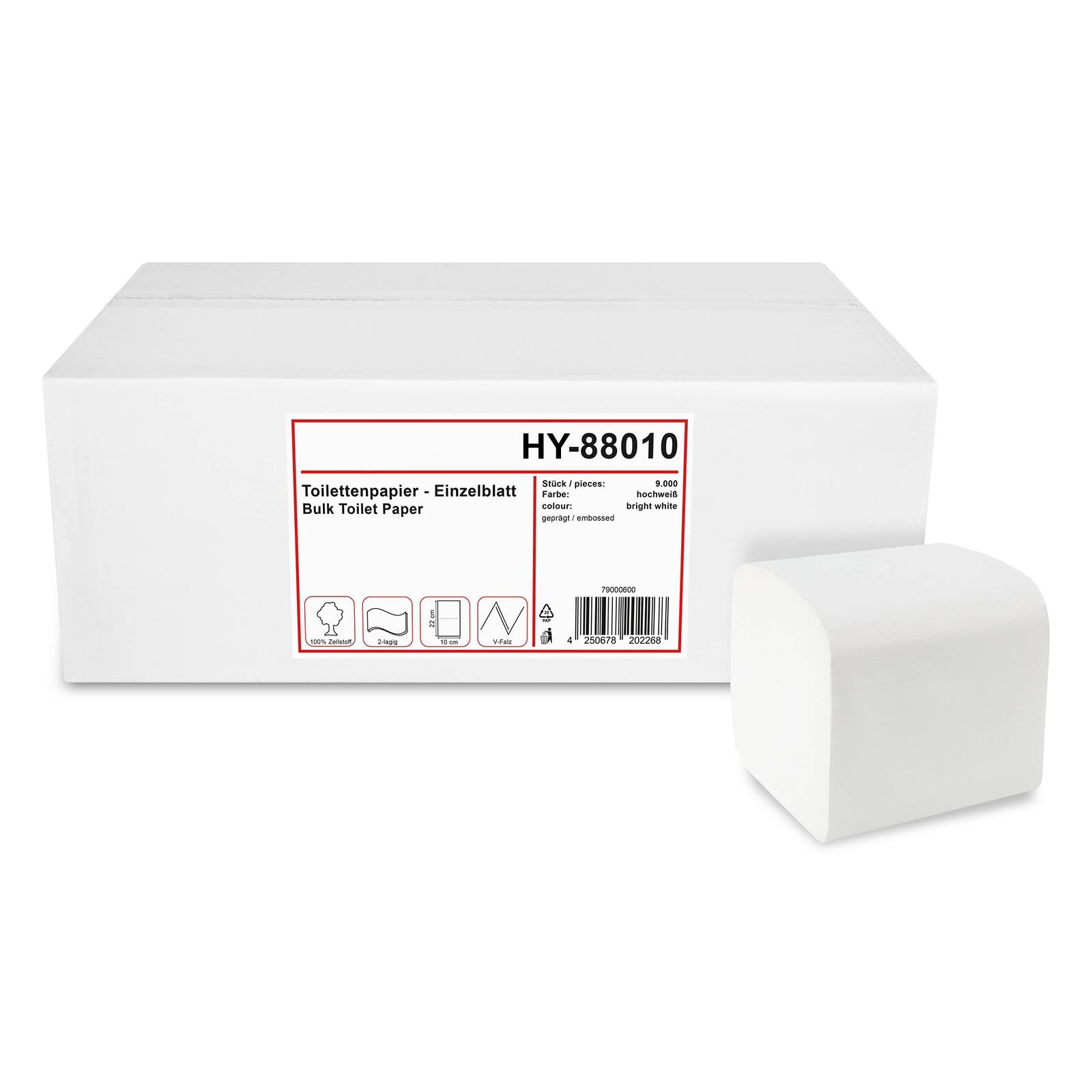 Toilettenpapier Einzelblatt Zellstoff 2-lagig, 10 x 22 cm – 9000 Blatt, hochweiß, extra weich, hygienisch, V-Falz, saugstark, für Spender, Großpackung, gewerblich & öffentliche Toiletten
