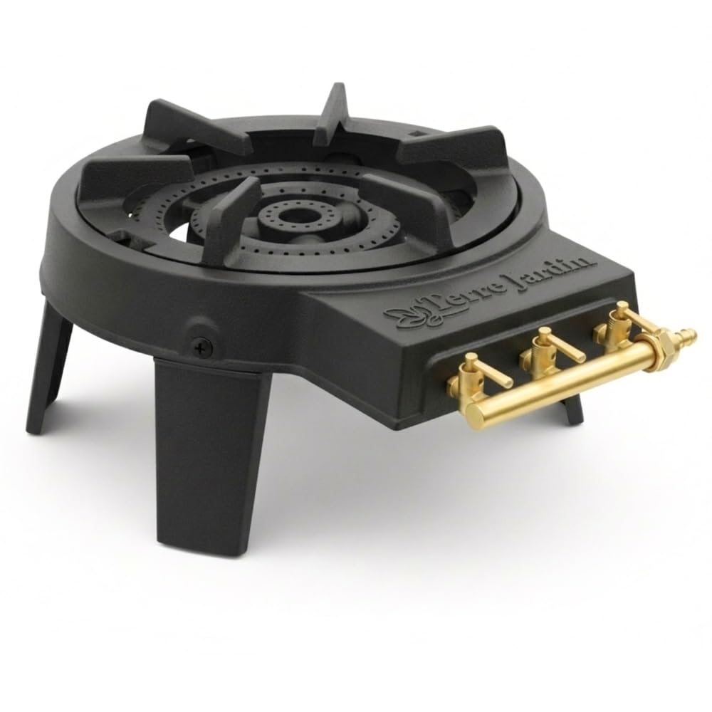 TERRE JARDIN Réchaud à Gaz 3 Feux Puissant en Fonte - Réchaud Camping Professionnel Triple Brûleur - Gazinière Extérieure pour Paëlla, Wok et Cuisine Outdoor