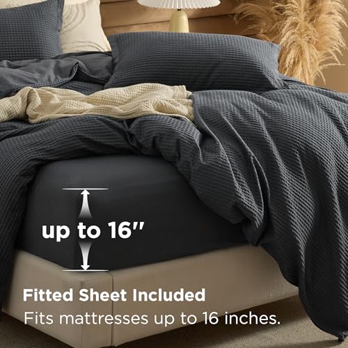 Image of Bedsure Cotton Waffle Duvet Cover with Fitted Sheet, King, Charcoal Black | Waffle Texture, Breathable, Skin-Friendly, OEKO-TEX Certified, Good Housekeeping Seal, All-Season, Machine Washable