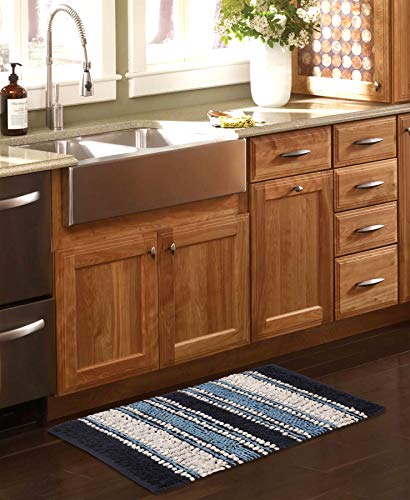Ramanta Home Chenille Bath Mat Rug 20X32-100% Cotton Soft Absorbent Shower Bath Rug | Navy,Cotton Bathroom Rug, Shower Rug,Pool Rug Runner,Farmhouse Bathroom Rug,Stripe Bath Rug #TOP3