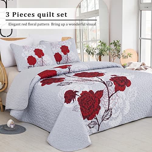 Anibedding Floral Quilt Set Queen Size,Elegant Red Floral Printed Bedspread Coverlet 3 Pieces Soft Microfiber Bedding Set With 2 Pillowcases For All Season(96"×90") #TOP1