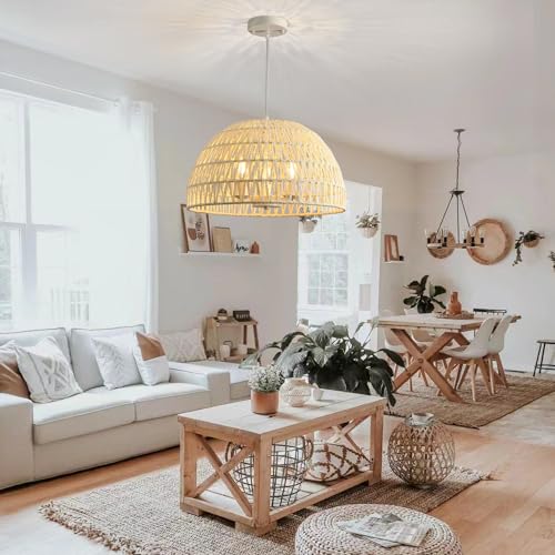 Rattan Farmhouse Chandelier Light Fixtures, 3-Lights Boho Large Rattan Pendant Light,Hand Woven Chandeliers for Dining Room,Rustic Chandeliers Hanging Light Fixtures for Kitchen Island Bedroom - Image 2