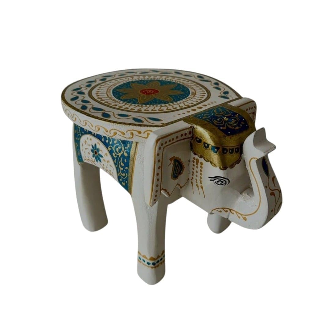 Handcrafted Wooden Elephant Stool White Hand Painted 8 Inch-picture-20