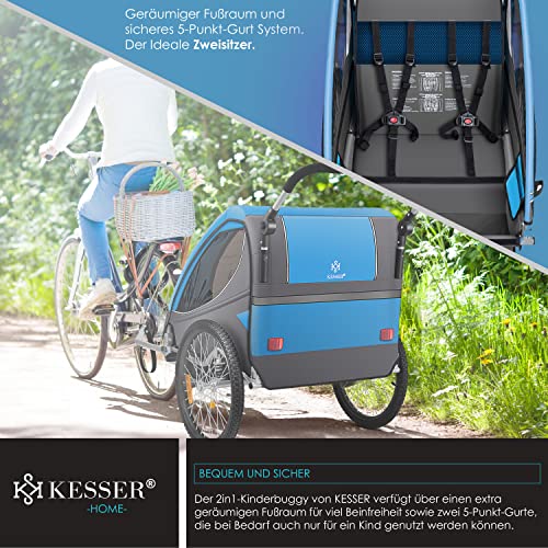 KESSER® Kinderanhänger Fahrradanhänger 360° Drehbar mit Federung 2in1 Joggerfunktion Kinderfahrradanhänger + 5-Punkt Gurt Jogger Fahrrad Anhänger für 1 bis 2 Kinder max. 40kg Inkl. Warnfahne, Blau