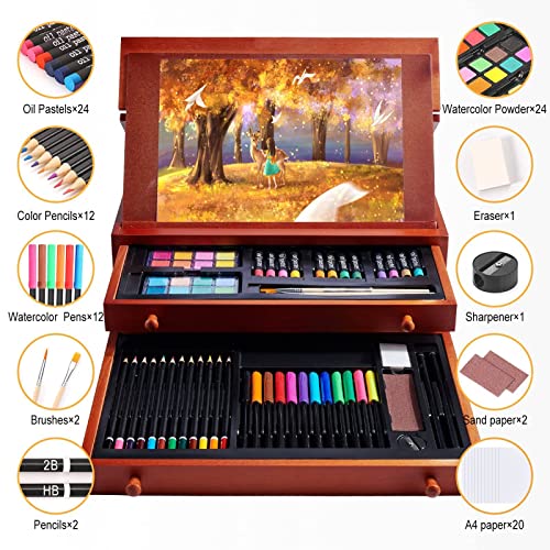 Art Supplies, 99 Pieces Wooden Art Set Painting Supplies with Watercolor Powder, Oil Pastels, Color Pencils, Portable… - Image 3