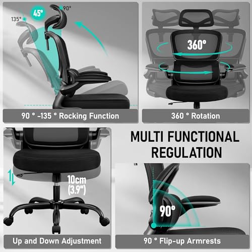 Image of BESTFAIR High Back Ergonomic Office Chair, Breathable Mesh Desk Chair with Lumbar Support, Adjustable Headrest, Flip-up Armrests, Computer Gaming Chair