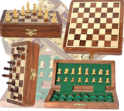 Indus Lifespace 17.78cm x 17.78cm Wood Magnetic Chess Set with Staunton Chess Pieces - Folding Game Board with Storage