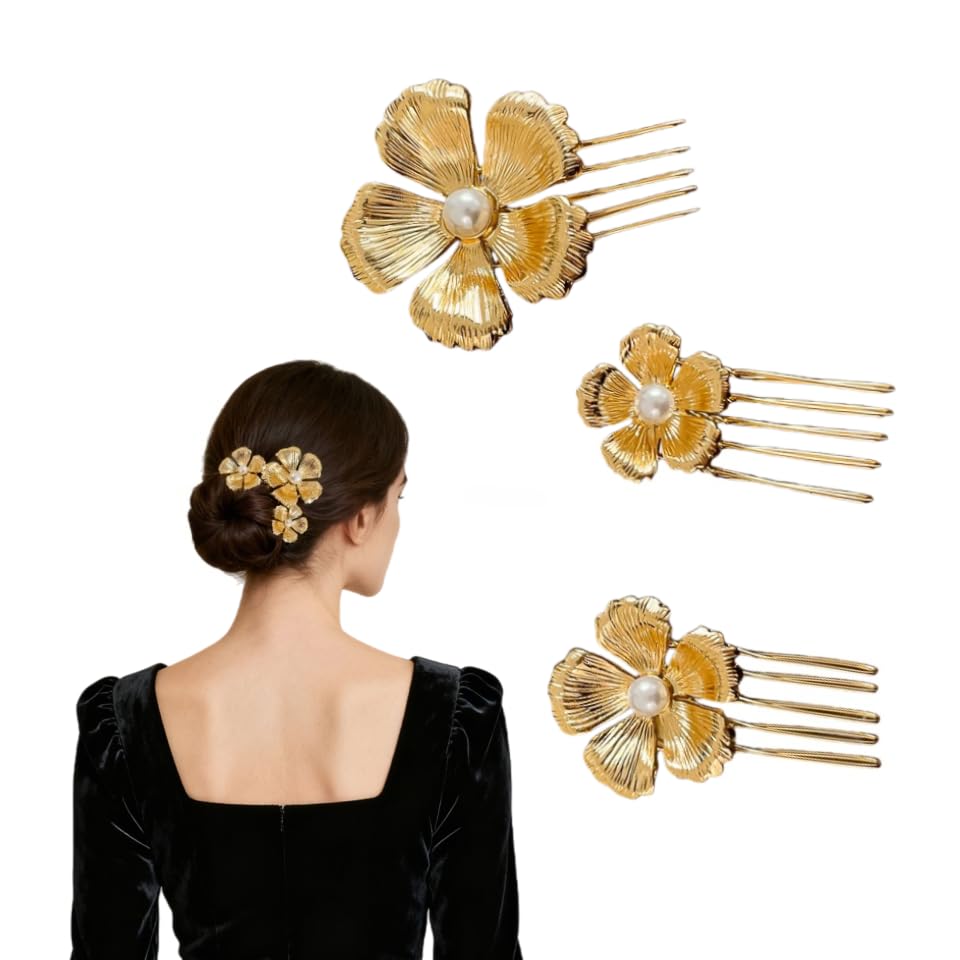 Set de 3 Peines Dorados con Flor y Perla Brillante miniatura 1