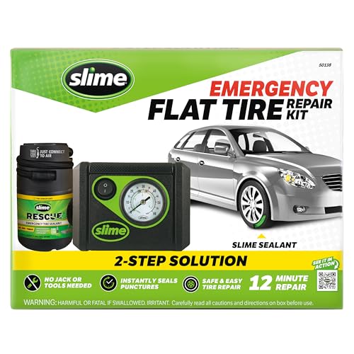 Image of Slime 50138 Flat Tire Puncture Repair, Smart Spair Plus, Emergency Kit for Car Tires, Includes Sealant and Tire Inflator Pump, Suitable for Cars and Other Highway Vehicles, 12 Min Fix.