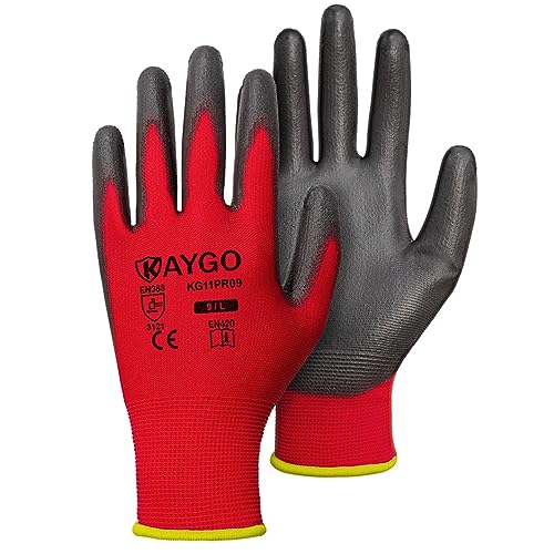 Image of KAYGO Safety Work Gloves for Men Women, PU Coated Palm & Fingers, KG11P | Smooth Grip, Breathable & Lightweight, 13-Gauge Seamless Knit, for Light Warehouse, Manufacturing, Gardening