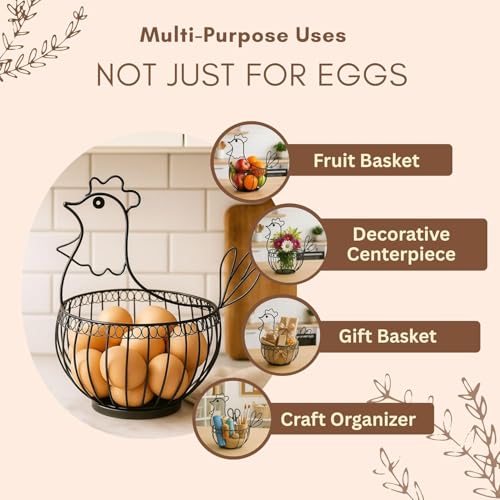 Image of Metal Egg Basket Hen Shape | Egg Basket for Kitchen | Metal Basket for Storage | Multipurpose Basket for Kitchen | Fruit Basket for Dining Table | Basket for Gifting (Black)