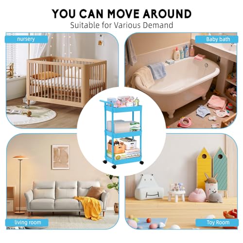 Image of Volnamal 3-Tier Baby Diaper Caddy, Plastic Diaper Cart, Blue | Movable Cart for Newborn Nursery Essentials Diaper Storage Organizer for Changing Table&Crib, Easy to Assemble, Baby Registry