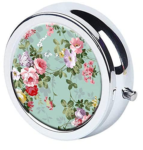 Vintage Floral Custom Round Silver Pill Box Pocket 2.1 Inches Medicine Tablet Holder Organizer Case For Purse #TOP2