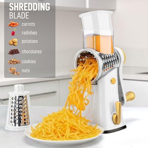 Image of Zulay Kitchen Rotary Cheese Grater 5 Blade Cheese Shredder - Manual Hand Crank Cheese Grater With Reinforced Suction & 5 Interchangeable Drums - Easy to Use, Vegetable Chopper Round Mandoline Slicer