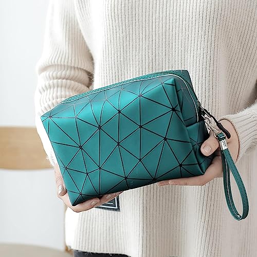 Image of Sunesh Creation Large Capacity Cosmetic Travel Bag, Women's Makeup Travel Bag Portable Leather Cosmetics Bag, Makeup Storage Bags with Handle and Divider, Makeup Bag - Green