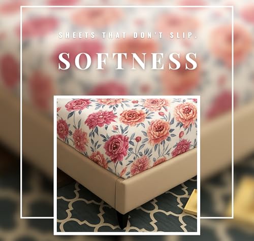 Image of HOMEKART 120 TC Cotton Rich Elastic Corner Fitted Bedsheet with 2 Pillow Covers | Double Bed 72x68+6 Inches | Wrinkle-Free, Super Soft & Breathable Floral Design | Pink