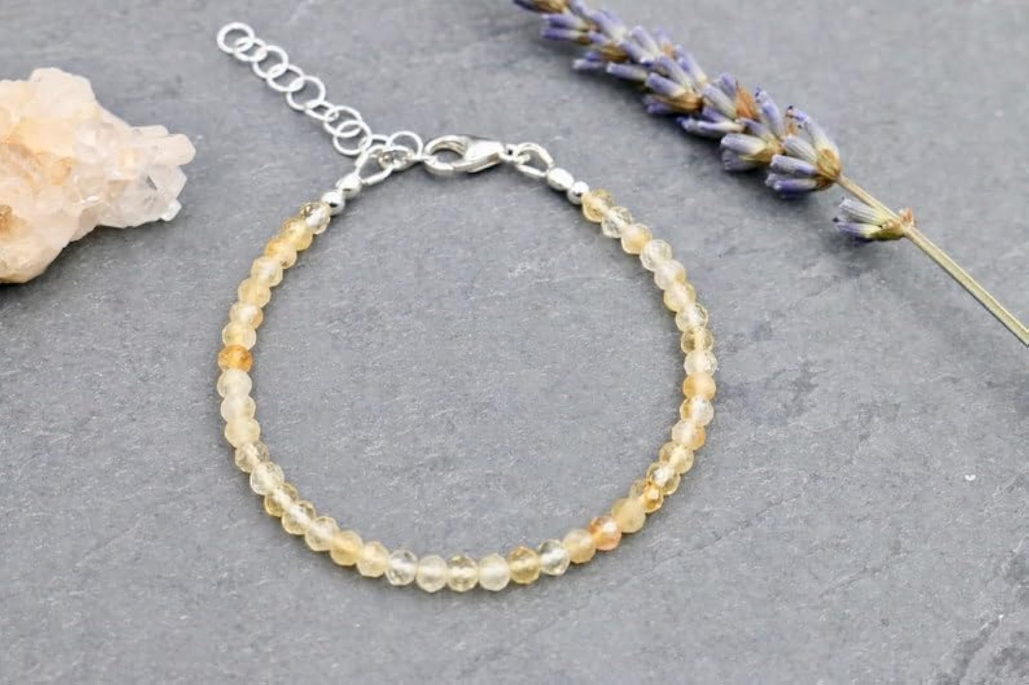 Citrine Round Beaded Bracelet with Silver Lock, Adjustable 7 Inch