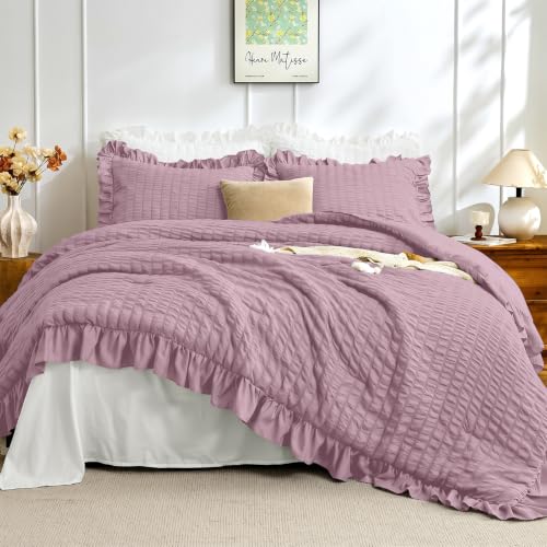 Image of JOLLYVOGUE Dusty Purple King Comforter Set,3pcs Seersucker Comforters King