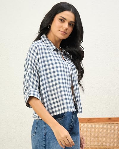 Image of Chimpaaanzee Women Checks Half Sleeve Crop Shirt
